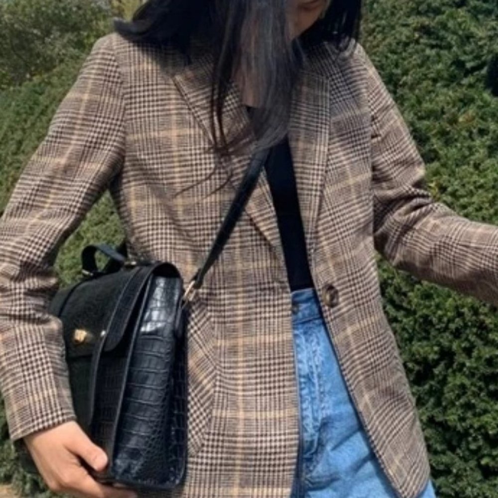 Classy plaid button down Overcoat Jacket Shacket Coat brown - Picture 6 of 8